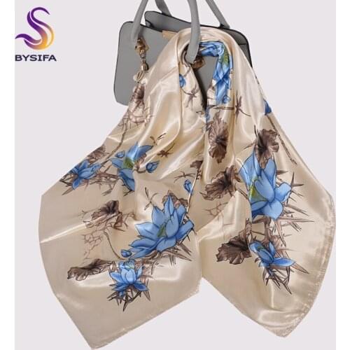 [BYSIFA] Beige Blue Ladies Silk Scarf Cape Head Scarf Fashion Elegant Satin Large Square Scarves Fall Accessories Wonen Scarves