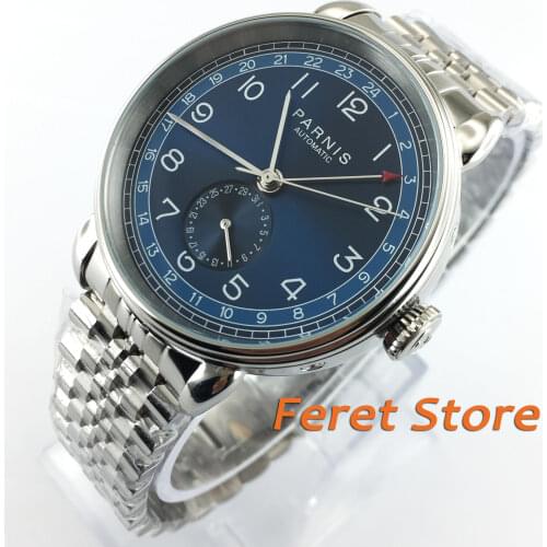Parnis 42mm silver case Blue dial GMT arab mark date window solid stainless steel mens top business automatic mechanical watch