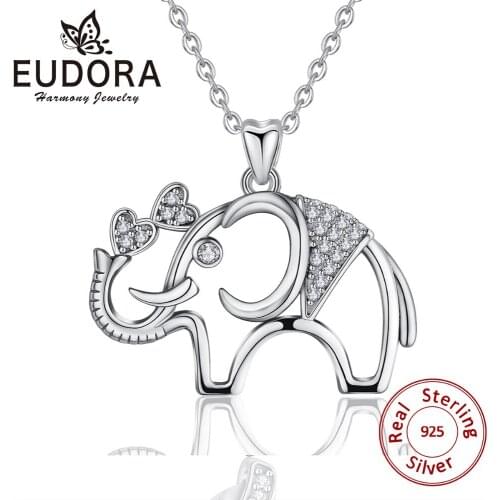 EUDORA Real 925 Sterling Silver Cute elephant Pendant CZ Animal Necklace For Women 925 Sliver Jewelry girl birthday Gift CYD388