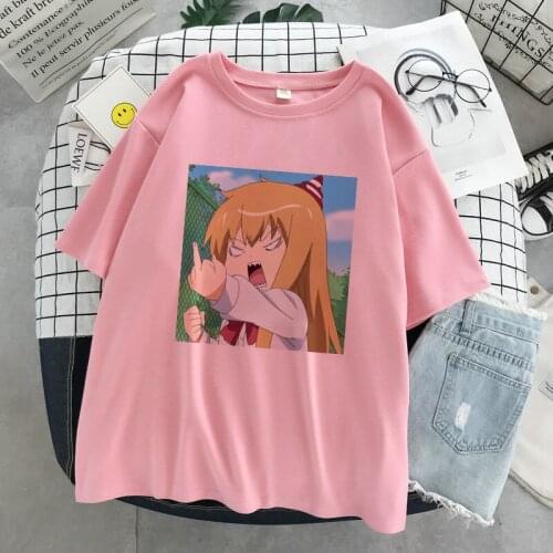 Japan Anime Middle Finger Funny Graphic Print T-shirt Women Harajuku Aesthetic Tshirt 2021 New Summer Pink Tops Female T Shirt