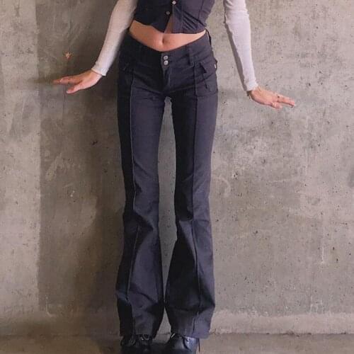 Gaono Indie Aesthetics Low Waist Slim Flare Pants E-girl Vintage Pockets Solid Y2K Pants Autumn 90s Fashion Black Trousers