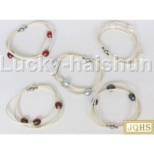 JQHS Baroque 3 Rows white black gray coffee wine red pearls white leather bracelet magnet clasp j12968