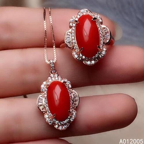 KJJEAXCMY Fine Jewelry 925 sterling silver inlaid natural red coral female ring pendant set vintage Support detection