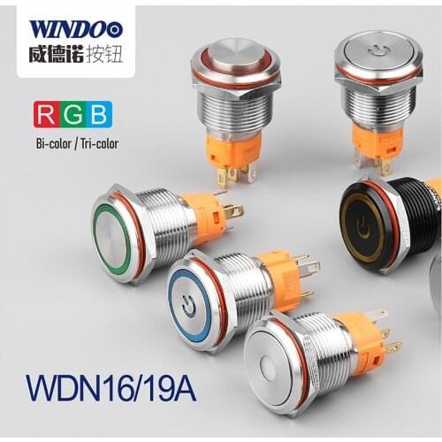 WINDOO 19mm flat symbol Led Lighted Momentary or Latching Metal push button switch with IP65