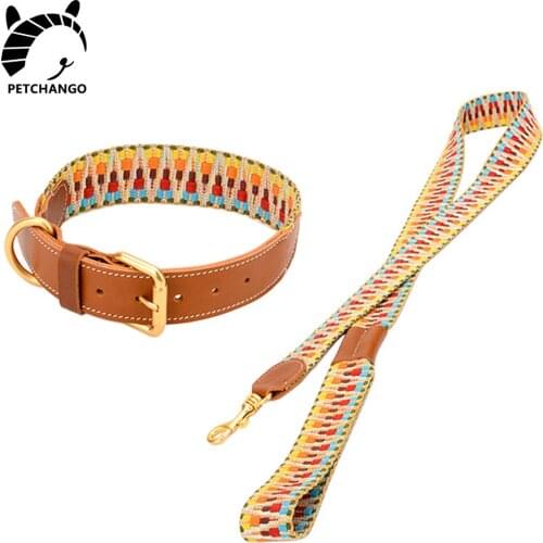 Genuine Leather Dog Collar Hande-made Cotton Cat Dog Collar and Leash Set Puppy Medium Large Dogs Pet Products Dog Accessories