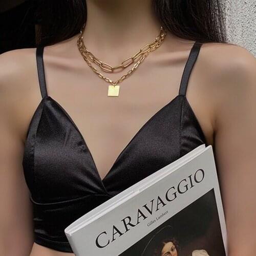 2021 Fashion Vintage Collar Multilevel Necklace For Women Female Gold Punk Thick Chain Smooth Square Sequin Pendant Jewelry Gift