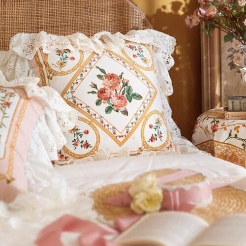 French Rose Soft Throw Pillow Covers Ruffled Lace Pillowcases Decoration For Couch Bedding Sofa 18x18 Inches Square Pack of 2