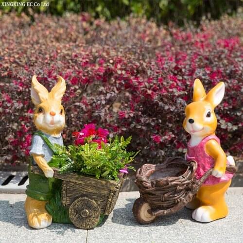 Simple Courtyard New Decoration Outdoor Lawn Sculpture Creative Simulation Resin Craft Cartoon Rabbit Cart Flower Pot Decoration
