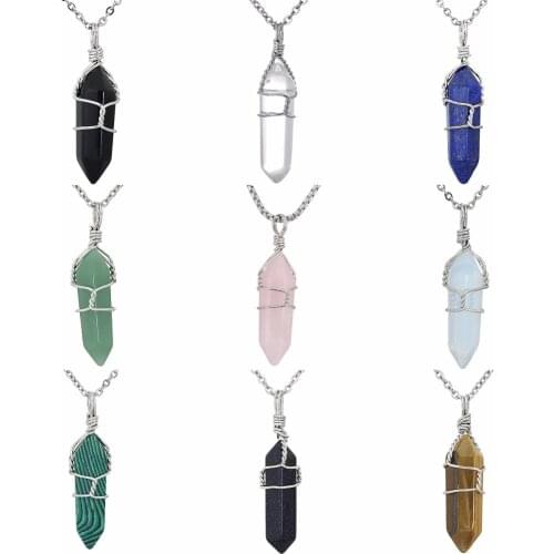 SUNYIK Copper Wire Wrap Gem Stone Healing Crystal Pillar Pendant Charms Jewelry For Women (Free Chain)