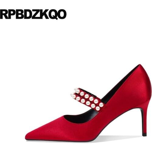 High Heels Ivory Satin Stiletto Pumps Women 8cm Bridesmaid Bride Red Bridal Shoes Wedding Silk Mary Jane Pointed Toe Pearl Girls