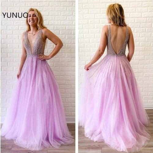 YUNUO Illusion Deep V-neck Evening Dresses robe de soiree Dress Party Formal Beading Gowns A Line Tulle Prom Dresses Long