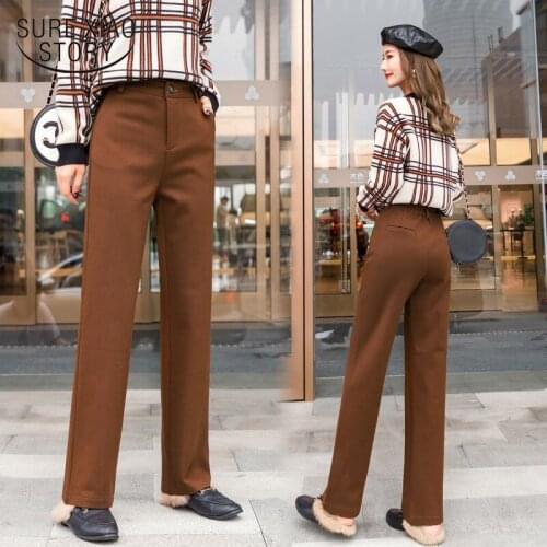 Women Wide Leg Pants 2021 Autumn Winter Retro High Waist Thick Warm Stright Suit Pants Casual Long Trousers OL Pantalon 7751 50