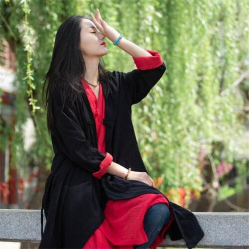 Johnature Women Chinese Style Shirts And Tops Button Cotton Linen Blouses 2021 Spring V-Neck Long Sleeve Solid Color Long Shirts