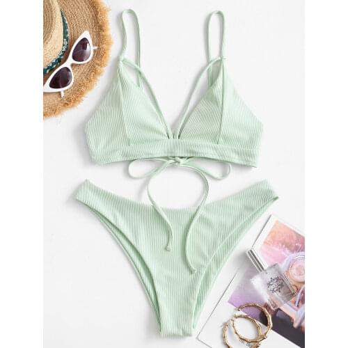ZAFUL Sexy Tie Bandage Bikini 2021 Ribbed Strappy Padded Swimsuit Swimwear Women Bikinis Set Summer Female Swimming Bathing Suit