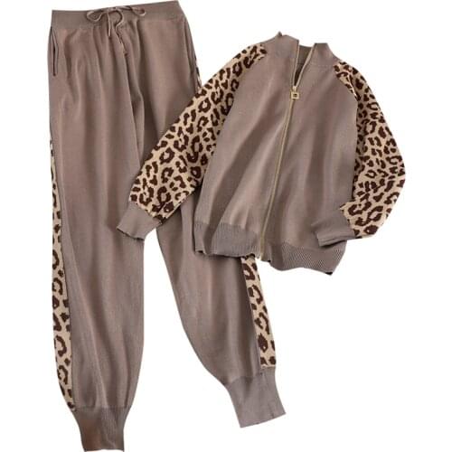 Lucyever Fashion Zipper Women Knitted Two Piece Set Leopard Cardigan Sweater Long Sleeve Outfits Lace Up Pocket Autumn Pants