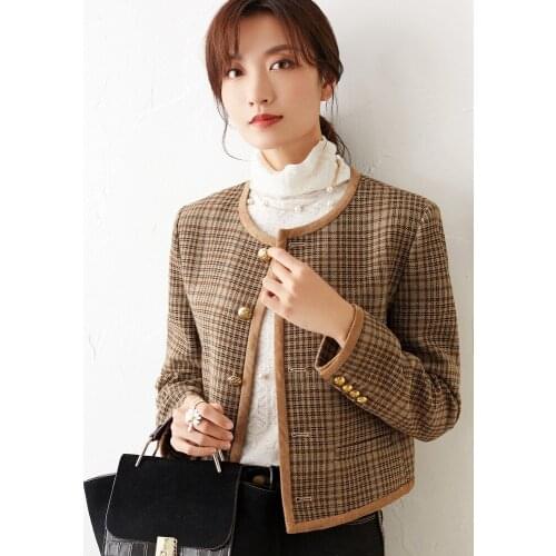 Brief paragraph female New suede plaid wool woolen cloth coat short checked long sleeved cardigan suit is loose