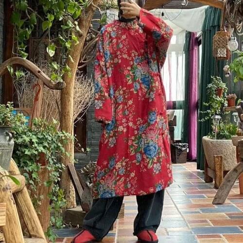 Johnature Women Chinese Style Red Dresses Stand Long Sleeve Cotton Print Floral Robes 2021 Spring New Thick A-Line Button Dress