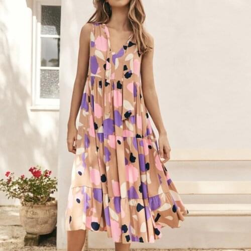 Women V-neck Sleeveless Print Midi Dresses Casual Female Fahion Pleated Dress 2021 Summer Ladies Vacation Beach Vestidos