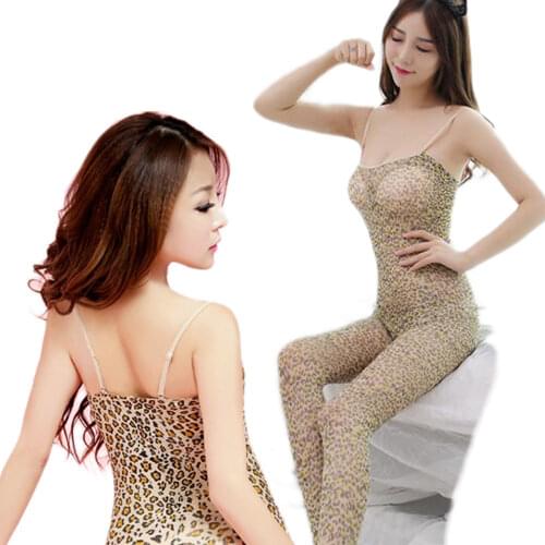 Women Sexy Lingerie Large Elastic Body stocking Open Crotch Body Suits jumper Sleeve Teddies Female Exotic Leopard Clothing