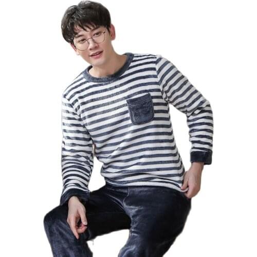 Winter Plus Velvet Mens Pajamas Long Sleeve O-Neck Sleepwear Sleep Pants Fashion Printing Mens Thick Warm Homewear Nightgown