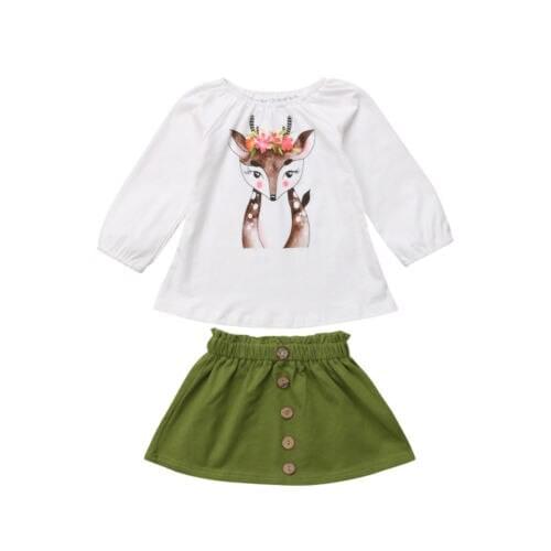 Fairy XMAS 2PCS Kids Baby Girl Christmas Clothes Deer Long Sleeve Tops Button Short Skirts Dress Outfits Clothing Set