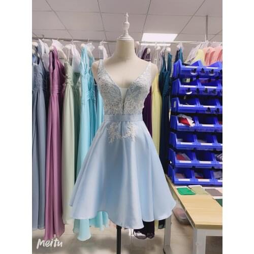 Cashmere Blue satin homecoming dress 2020 new luckgirls Embroidery print small round neckknee-length beauty Party Dresses