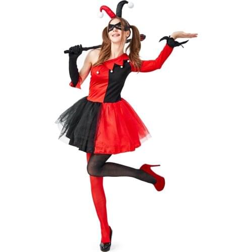 Adult Women Halloween Circus Clown Costumes Female Droll Joker Cosplay Carnival Purim Parade Nightclub Bar Role Play Party Dress