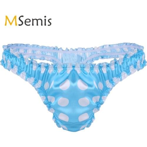 Swimwear Mens Lingerie Underwear Satin Polka Dot Ruffled High Cut Low Rise Bikini Sissy Briefs G-String Thong Underwear Panties