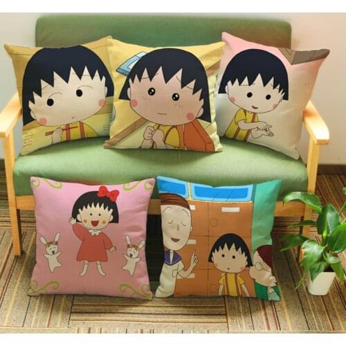 Square 18" Cotton Linen Cute Japanese animation Maruko Office Chair Back Waist Cushion Fashion Couch Seat Pillowcase