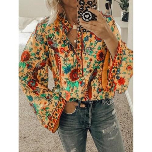Women Boho Blouses Floral Shirt Female Casual Loose Blouse Print Fashion Ladies V-neck Peacock for Ladies Full Polyester Regular