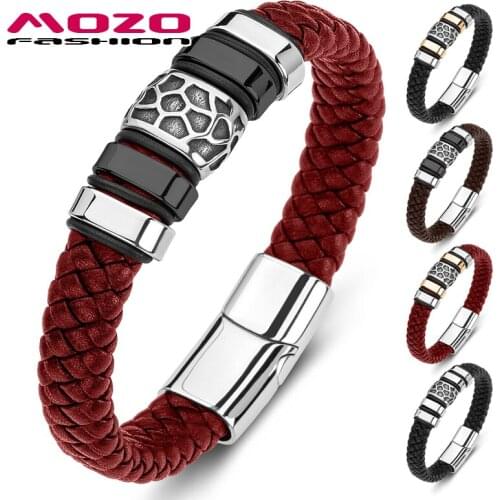 MOZO FASHION 2021 Men Stainless Steel Trendy Retro Tide Bracelets Punk Genuine Leather Wholesale Jewelry High Quality 180
