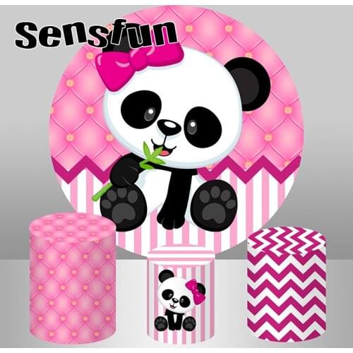Cartoon Cute Panda Pink Round Backdrop Cover Girls Newborn Baby Shower 1st Birthday Party Circle Background Custom Plinth Covers