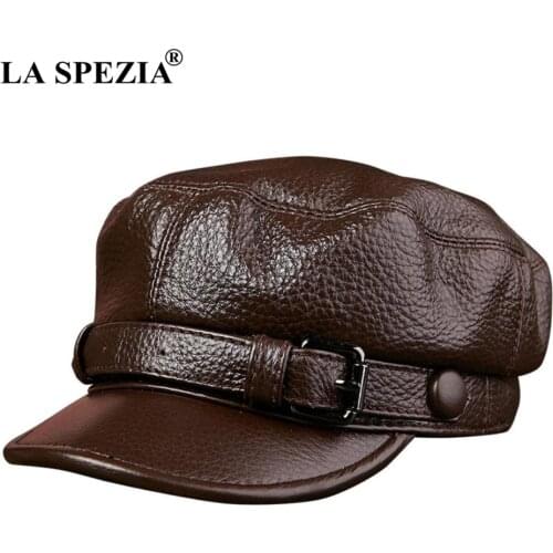LA SPEZIA 2021 Brand Military Hat Sailor Men Brown Genuine Cow Leather Winter Baker Boy Caps Male Belt Top Quality Captain Hat