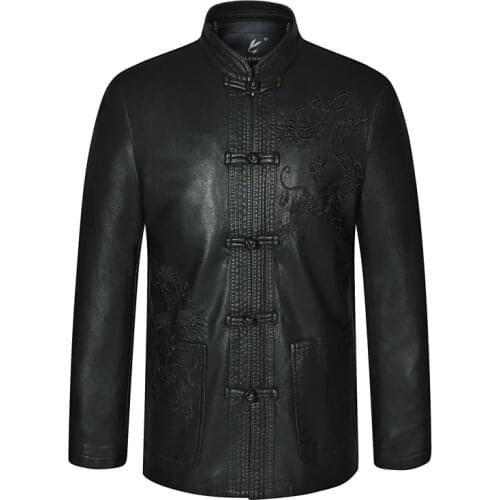 Mens Black Ethnic Tang Suit Mandarin Collar Leather Kong Fu Jackets Dragon Embroidery Fur Coat Traditional Chinese Garments New