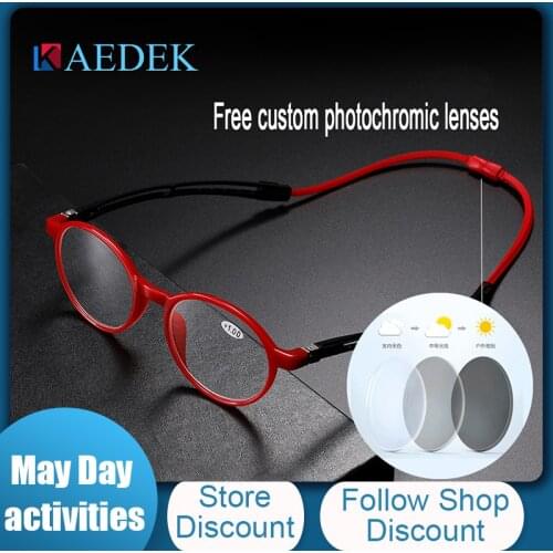 KAEDEK New Design Photochromic Reading Glasses Men Women Adjustable Hanging Neck Eyewear sunglasses discoloration with diopters