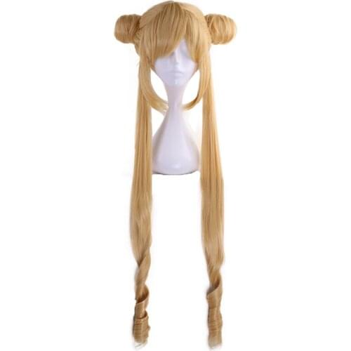 Tsukino Usagi Wig Long Curly Blonde Double Ponytails Synthetic Hair Cosplay Wig Costume Party Wigs + Wig Cap