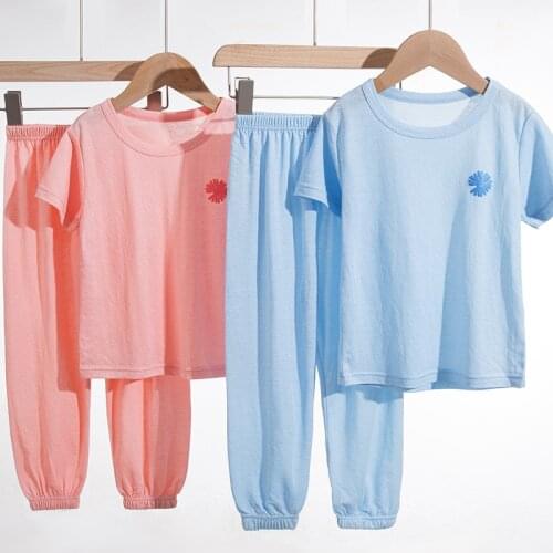 Boys' Girls Pajamas Set Ice Silk Children Air-conditioning Sleepwear Summer Thin Short-sleeved Tops & Long Trousers 3-9Years Old