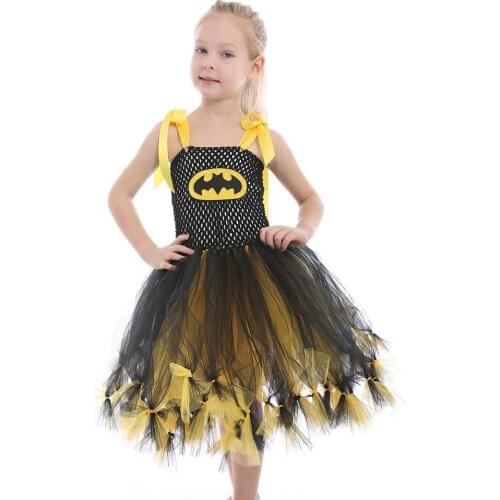 Girls Superhero Anime Movie Bat Hero Party Mesh Dresses Kids Halloween Cosplay Costume Role Play Pretended Game Dress Up Outfit
