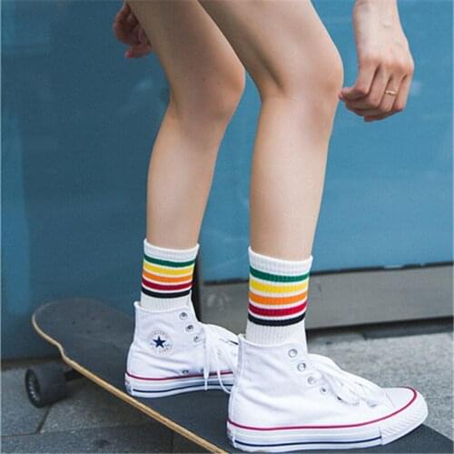 Rainbow socks womens cotton Korean version of ins net red skateboard socks new personality stripes in stockings. Women Socks