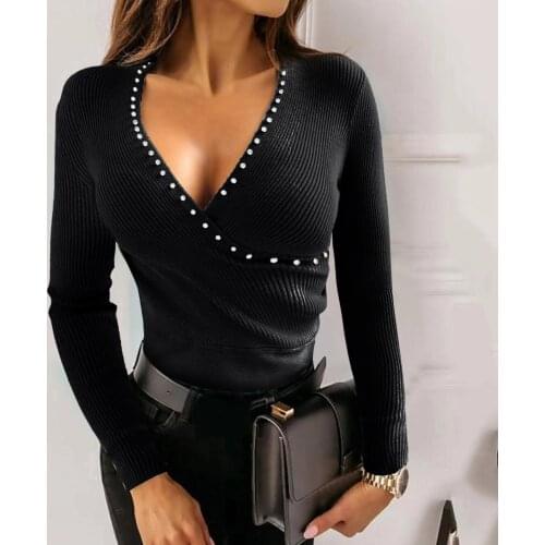 40#Shirts Pearl Sexy Spring Summer Knitted V-neck Long-sleeved Womens Blouses Slim-fitting Solid Elegant Top Pullover blusas