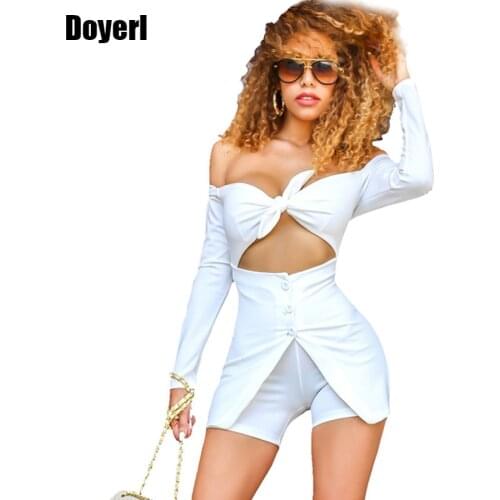 Long Sleeve Off the Shoulder Playsuit Women Autumn Hollow Out Bow Tie Front Button Up Party Rompers Sexy Jumpsuit Short Bodysuit