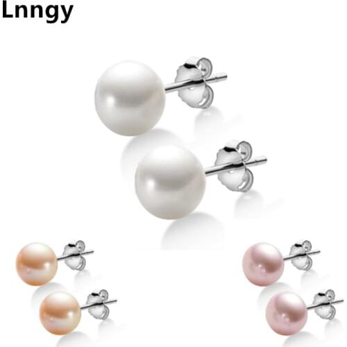 Lnngy Genuine 925 Sterling Silver Pearl Stud Earring 100% Natural Freshwater Pearl Earring Jewelry Stud Earring for Women Gifts