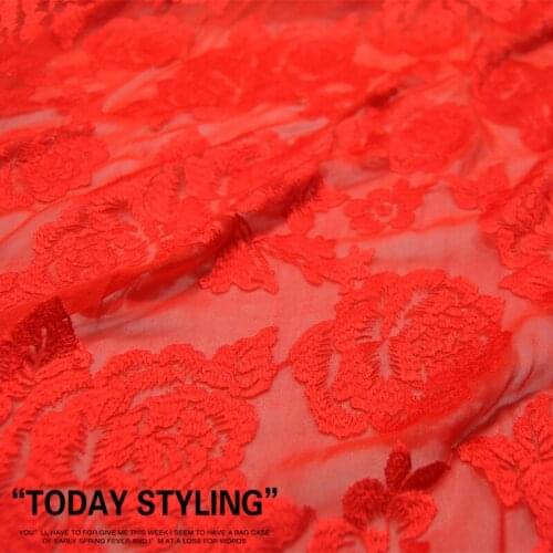 Silk Georgette Chiffon Fabric Dress Red Rose Embroidered Skirt Shirt Cheongsam clothing DIY Patchwork Tissue