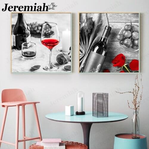 Modern Fashion Red Canvas Poster Red Wine Glass Rose Flower Painting Wall Art Nordic Minimalism Home Restaurant Decoration
