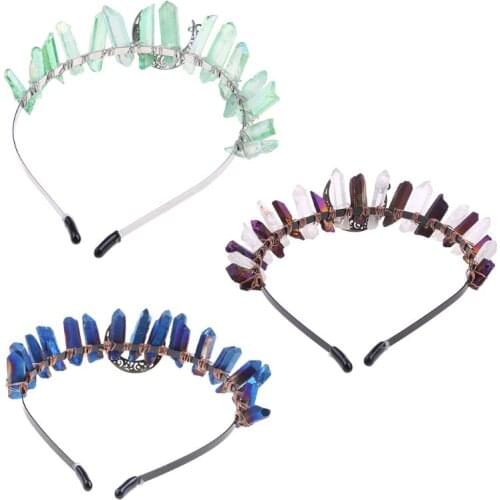 Boho Vintage Witch Tiara Faux Raw Crystal Headband Alloy Moon Angel Aura Crown