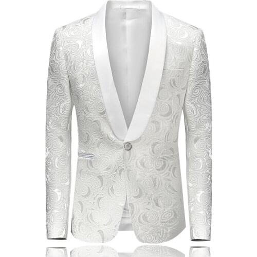 White Rose Jacquard Blazer Shawl Collar Wedding Suit Jacket For Men Luxury Slim Fit Blazer Masculino One Button Party Blazer