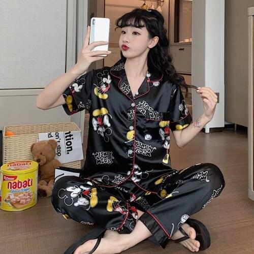 Disney Women Sleepwear Autumn Pajama Set Mickey Mouse Faux Silk Satin Black Short Sleeve Casual Female Pijama Home Wear Pants