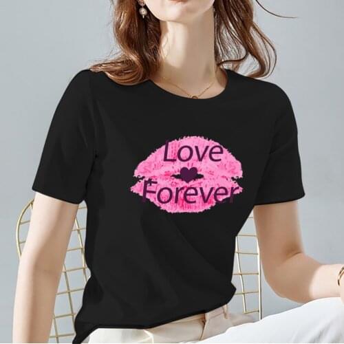Womens Fashion Sexy Lips Pattern Series T-Shirt Summer Black Classic All-match Short Sleeve Casual O-Neck Basis Ladies Tops Tee