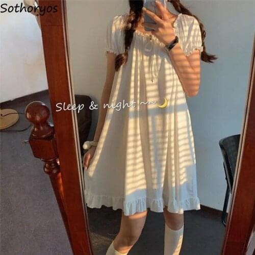 Women Solid Sleepshirts Fresh Students Sweet Girls Loose Comfort Short Sleeve French White Nightgown Knee Length Females Lounge