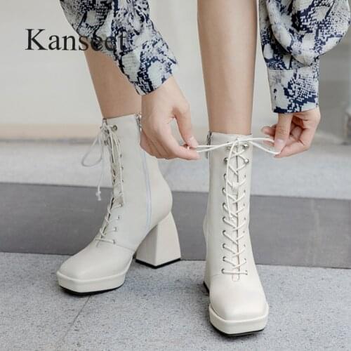 Kanseet Women Ankle Boots Autumn New Elegant Handmade Party Dress Platform Black Zipper Thick High Heel Shoes Female Short Boots